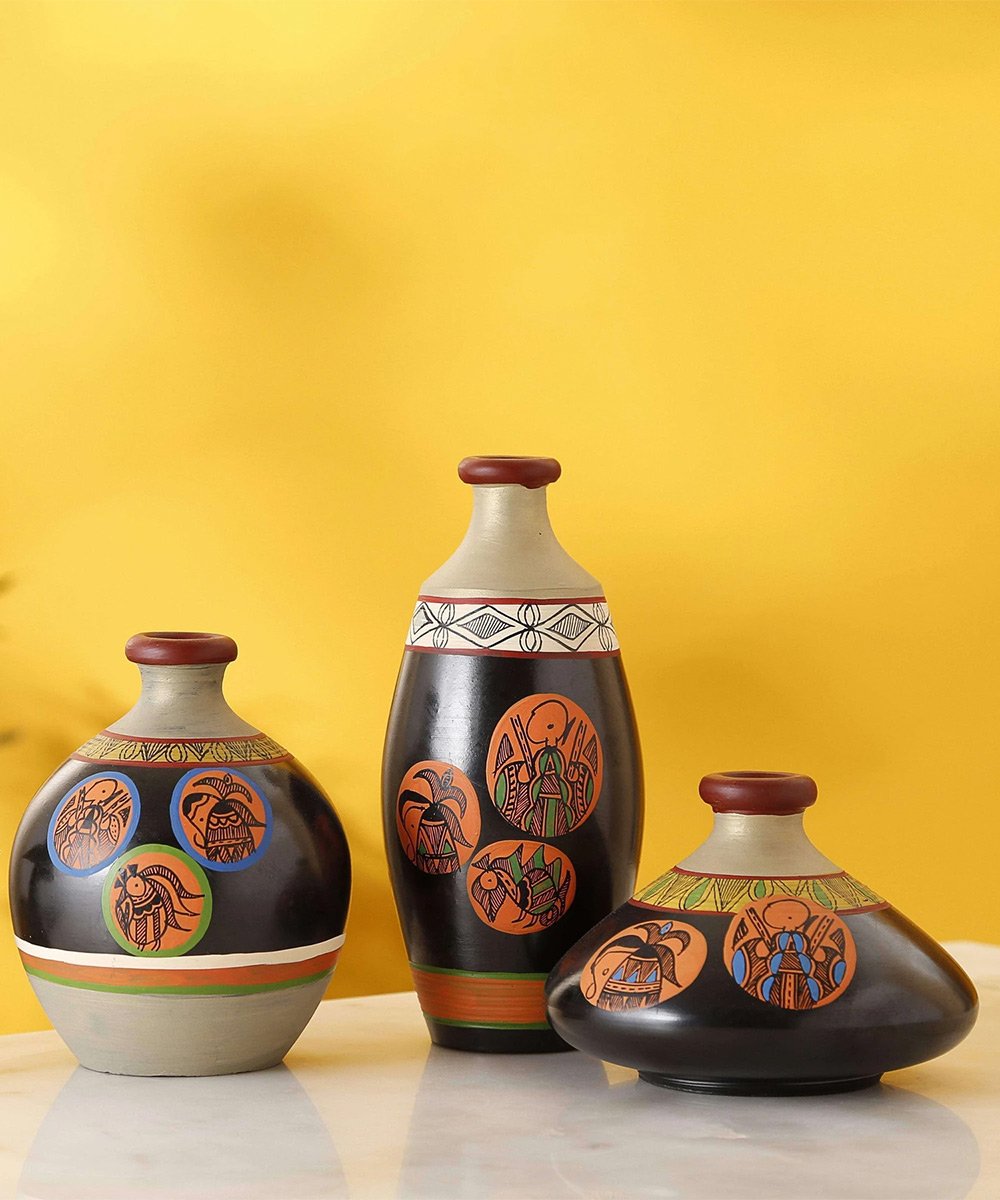 Handcrafted Earthen Terracotta Warli Painting Vase for Home Dcor - Set of 3 Vases Home Decor