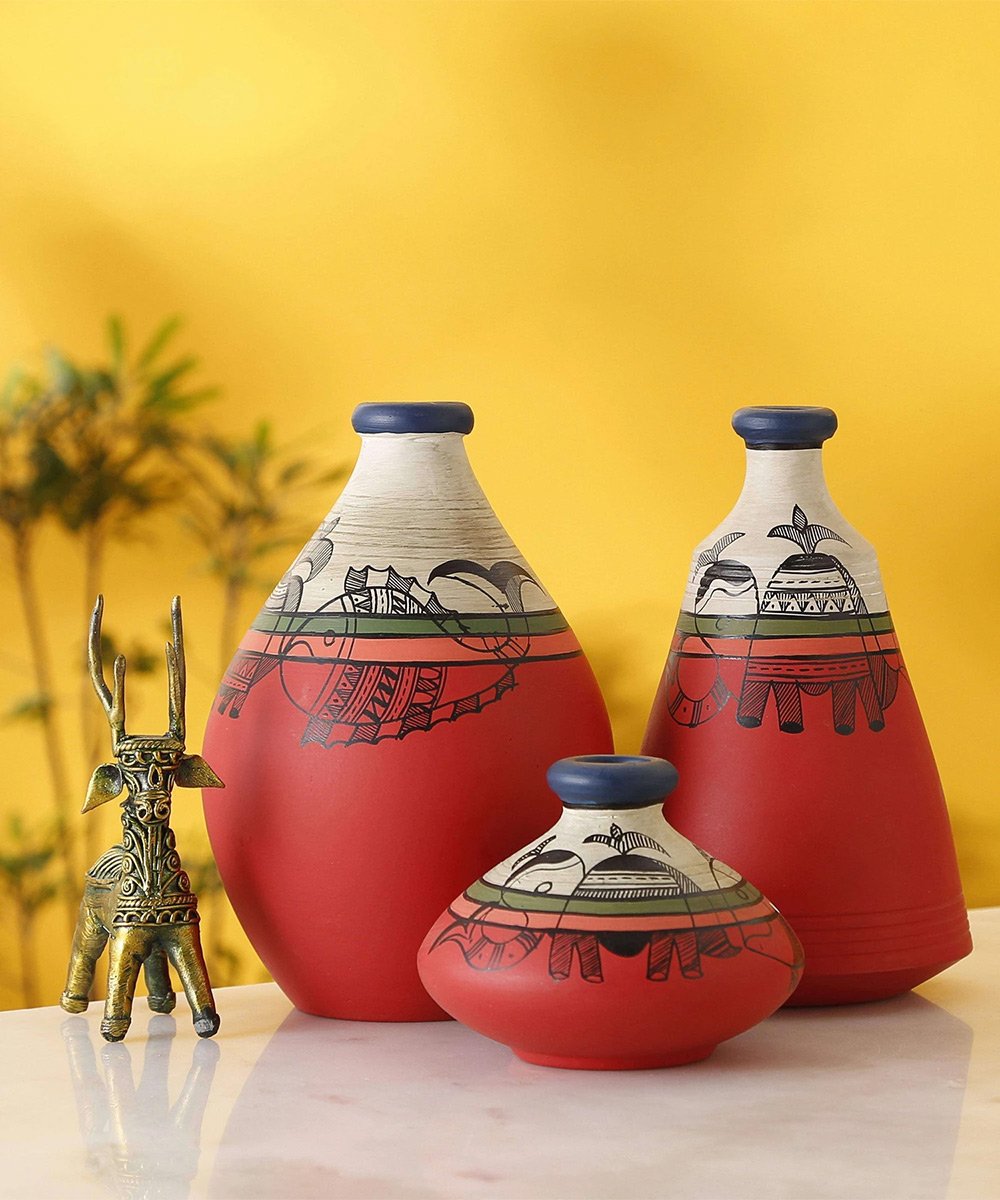 Terracotta Hand painted Earthen Warli Vases for Home Dcor Set of 3  Vases Set