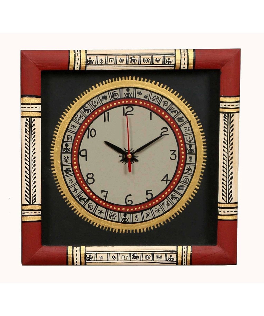 Wooden Handcrafted Red And Black Wall Clock for HomeWall clock for bedroom with Warli art