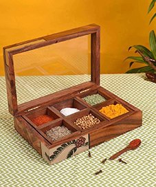 Wooden Decorative Box With Container and Spoon-Wooden Masala Box For Kitchen