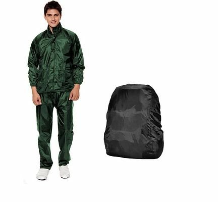 FSS Green Rain Coat With Lower Cap And Black Back Pack Cover