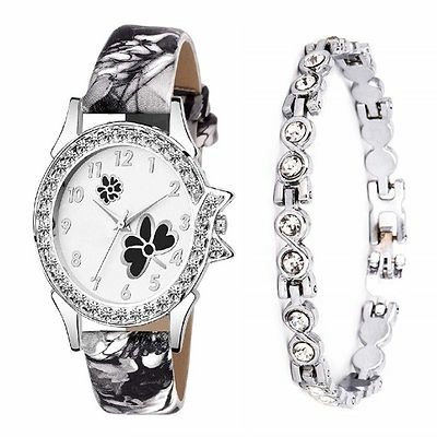 FSS Synthetic Black  And White Leather Watch With Metal Bracelet For Women