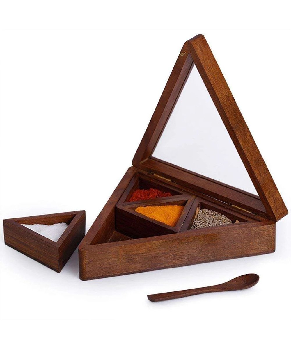 Handcrafted Triangle Wooden Masala Box Decorative Wooden box With Spoon