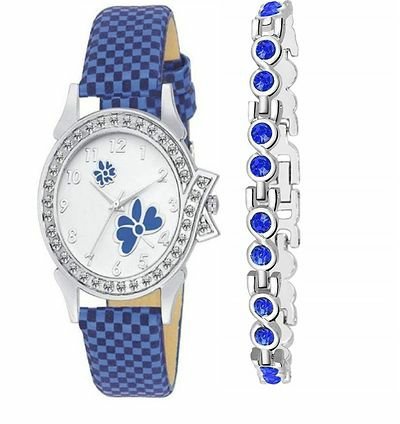 FSS    Synthetic Blue  Leather Watch With Metal Bracelet For Women