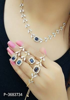 FSS Trending Blue Alloy American Diamond Necklace Set